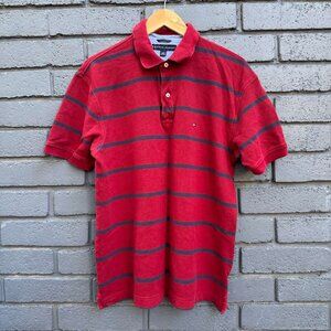 VTG Y2K Tommy Hilfiger Cotton Polo T Shirt Men L Relaxed Fit Red Striped  Preppy